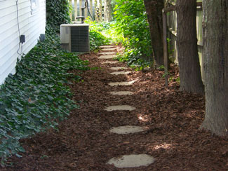 mulch and foliage along a house walkway