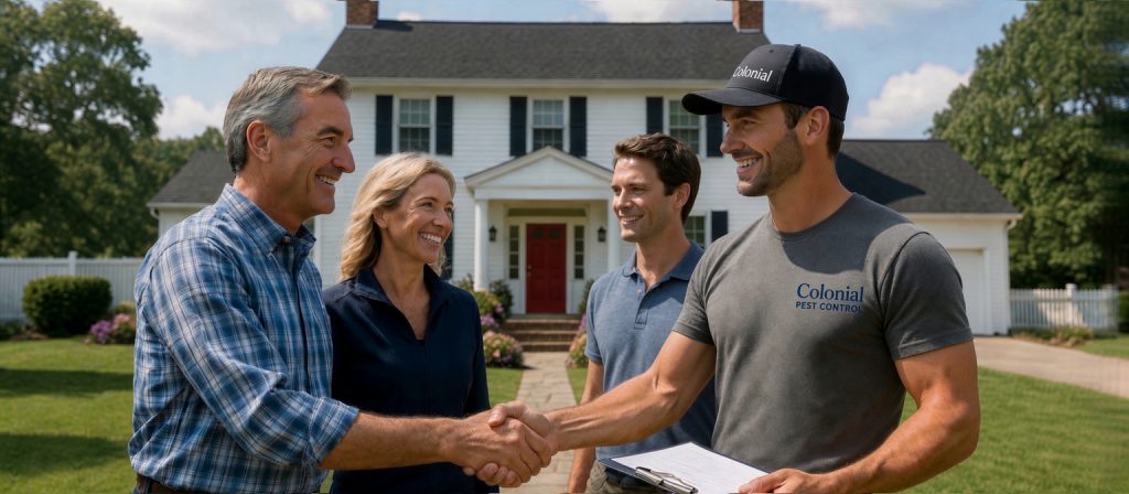 Friendly Technician greets family customers at residential pest control home for preventative maintenance ants wasps mice spiders