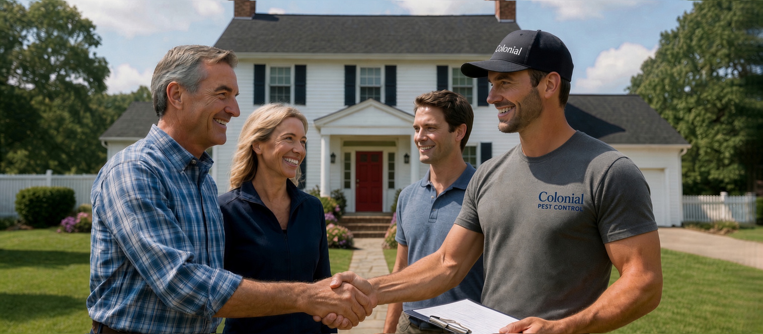 Friendly Technician greets family customers at residential pest control home for preventative maintenance ants wasps mice spiders